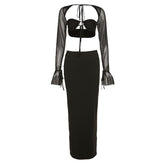 Mesh solid flared sleeve lace up hollow out midi skirt set